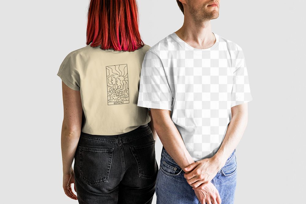Png tee couple mockup, fashion transparent design