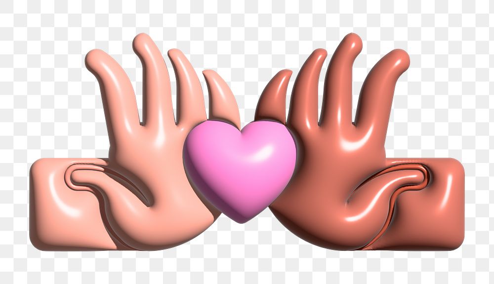 Teamwork 3D illustration png, hands pushing heart towards each other, transparent background