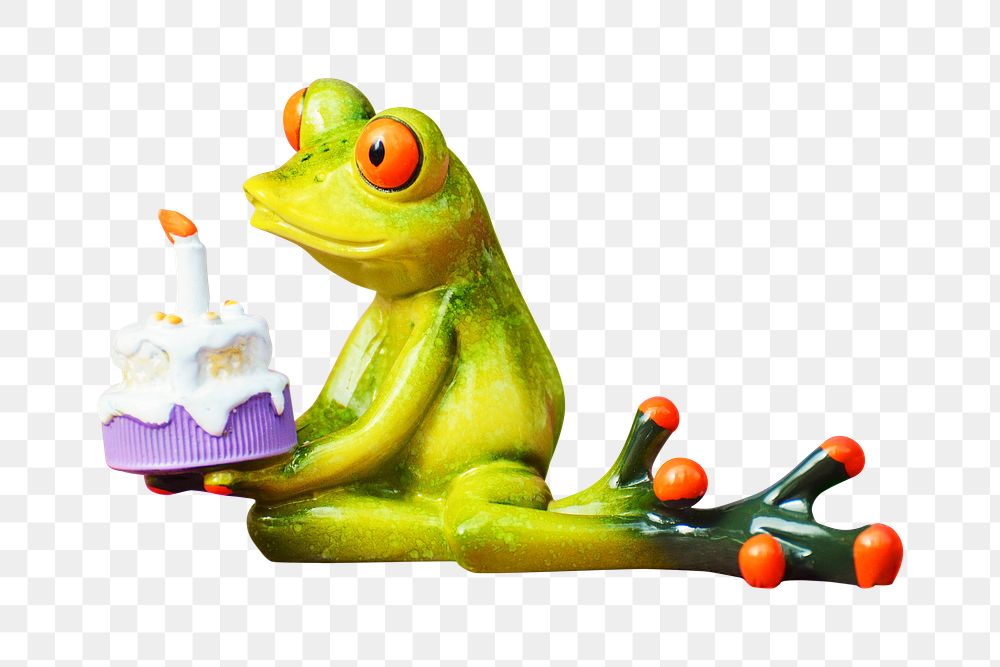 Frog png holding birthday cake, transparent background