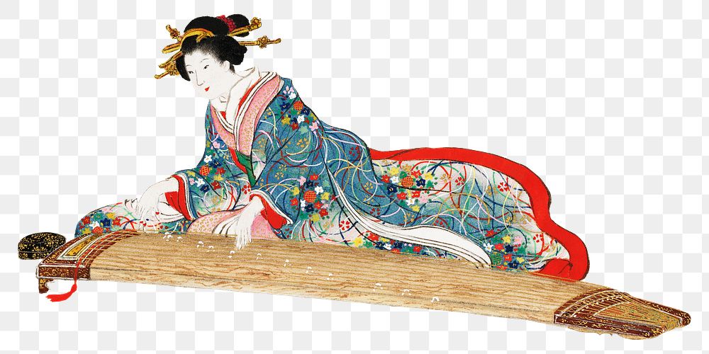 Japanese woman png playing koto on transparent background.    Remastered by rawpixel. 