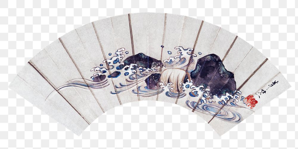 Ocean wave hand fan png vintage Japanese art on transparent background.   Remastered by rawpixel. 