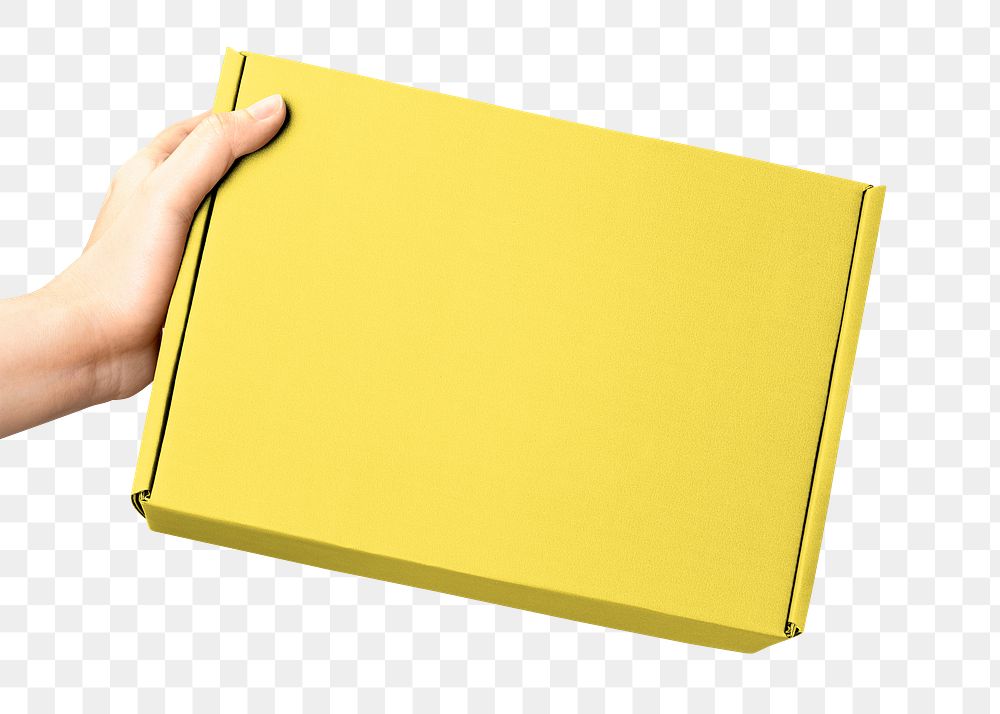Yellow parcel box png, shipping product packaging sticker, transparent background