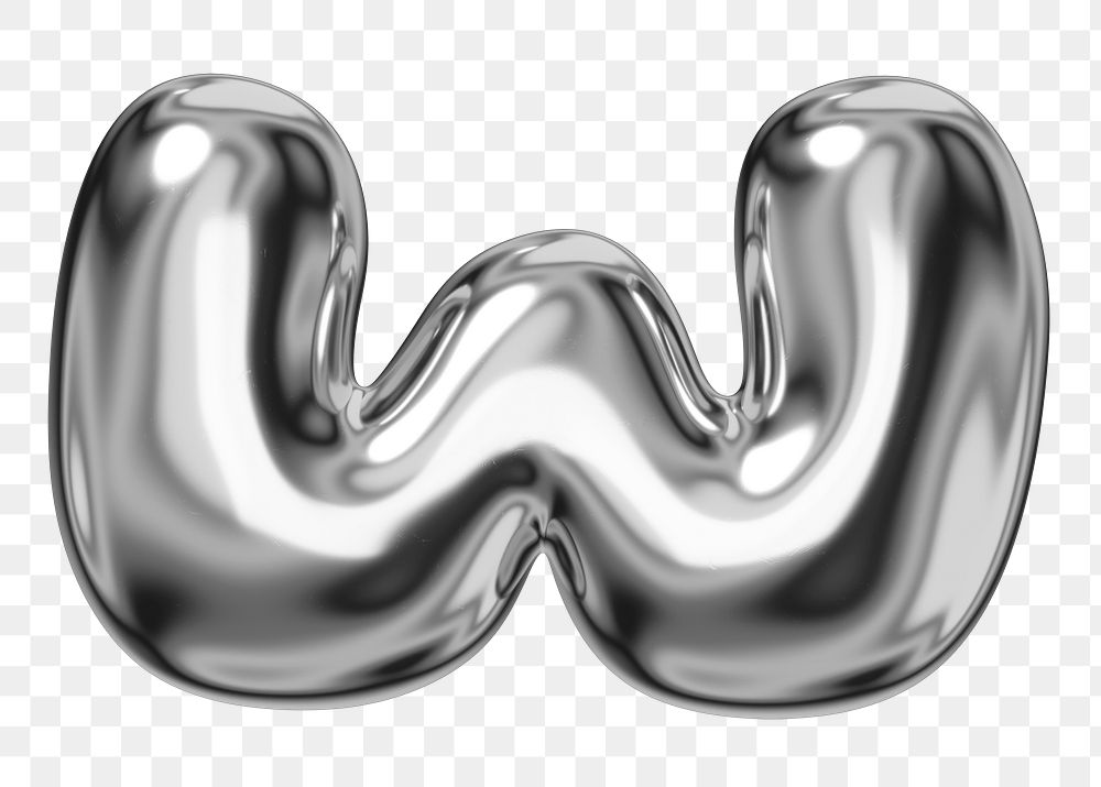 W alphabet png sticker, 3D chrome metallic balloon design, transparent background