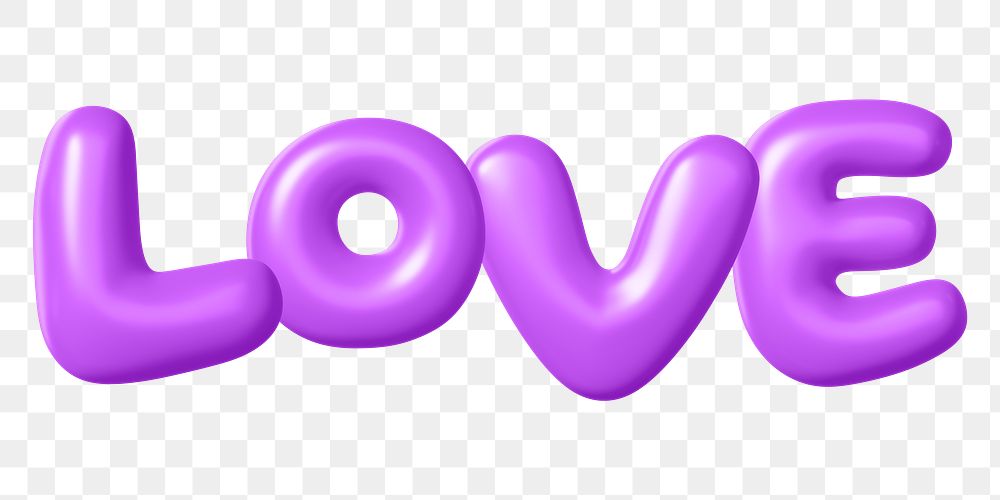 Love png 3D word sticker, purple balloon texture