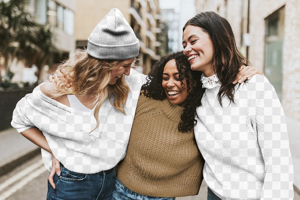 Women's sweater png transparent mockup, happy friends hugging