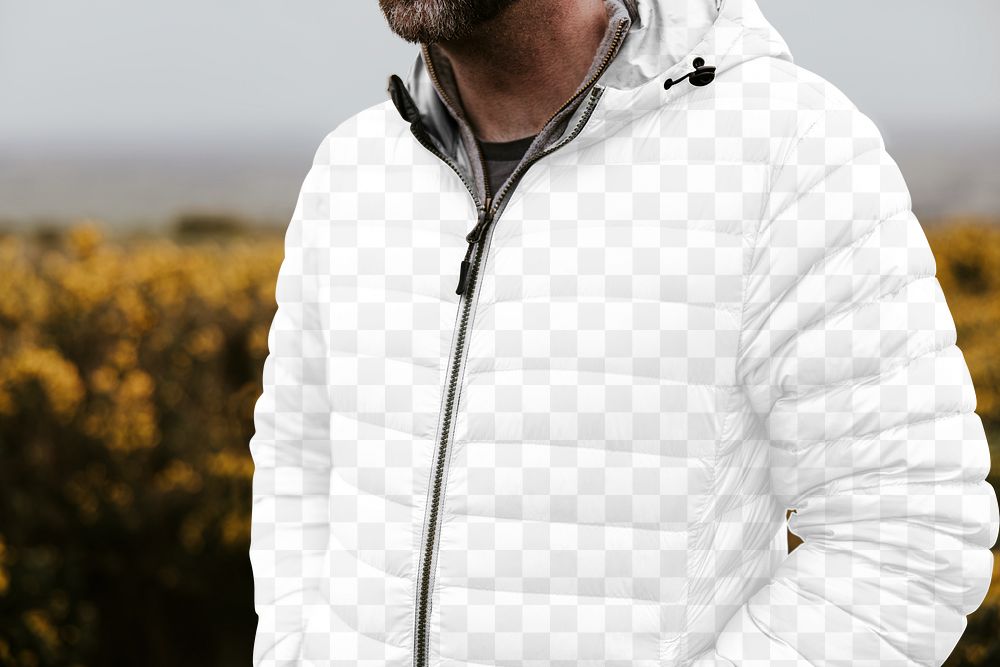 Puffer jacket png transparent mockup, outdoor photoshoot