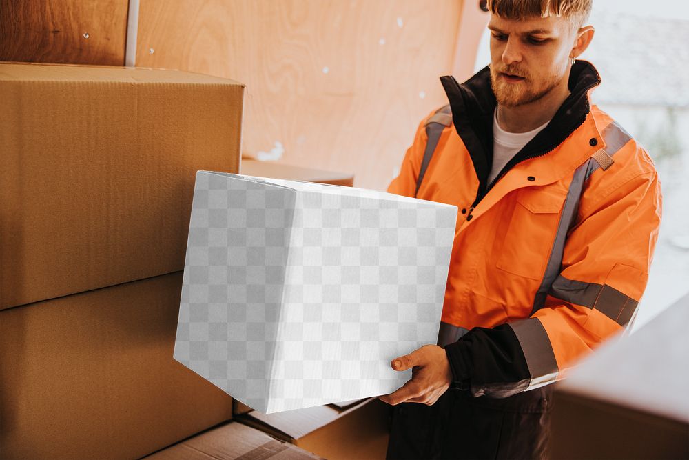 Delivery box png mockup, moving service, transparent design