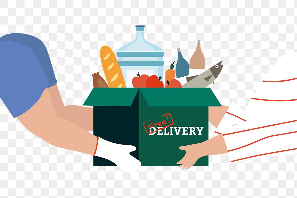 Hands png delivering grocery box illustration, transparent background