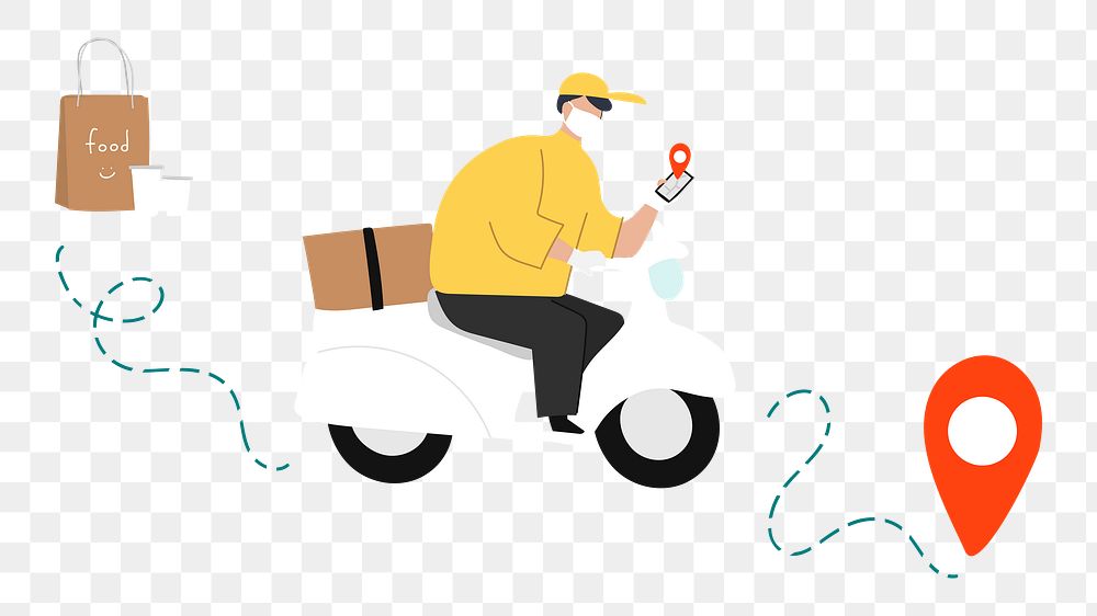 Food delivery png man driving to destination illustration, transparent background