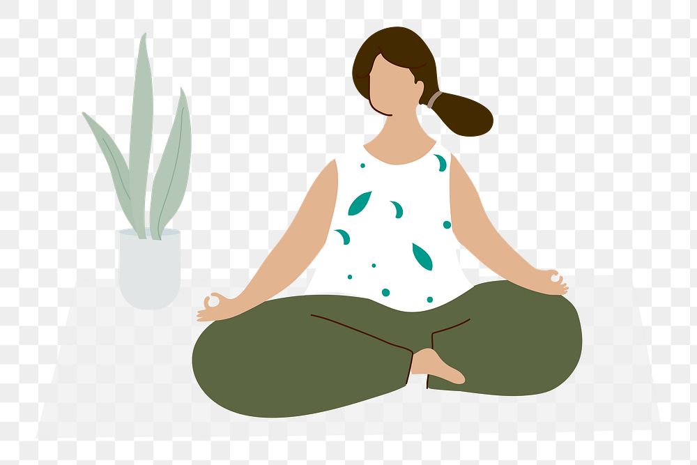 Woman png meditating at home, wellness illustration, transparent background