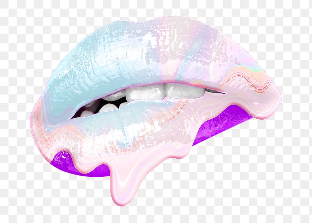 Png melting holographic woman's lips, transparent background