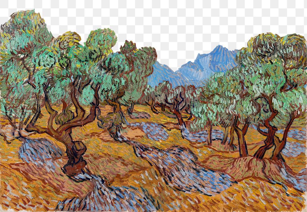 Van Gogh landscape png border sticker, Olive Trees, transparent background, remixed by rawpixel