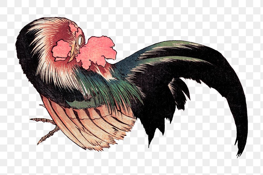 Hokusai&rsquo;s cock and pink flowers png on transparent background.   Remastered by rawpixel. 
