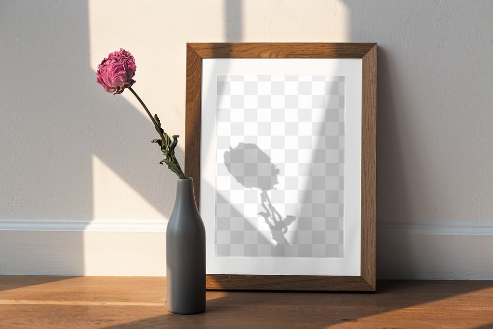 Photo frame png mockup, flower vase decor, transparent design