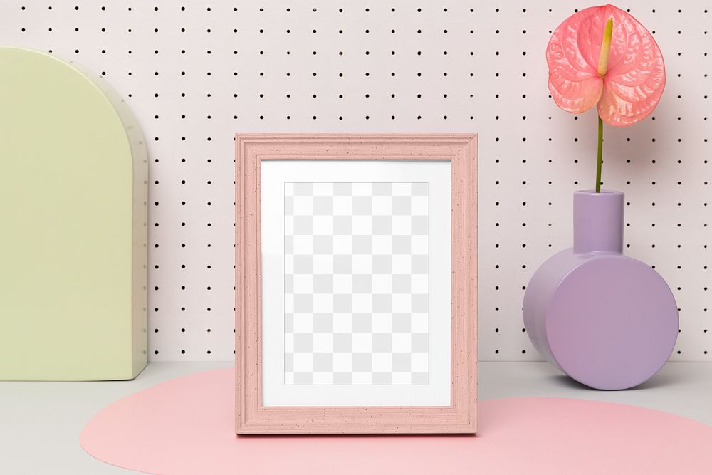 Photo frame png mockup, flower vase decor, transparent design