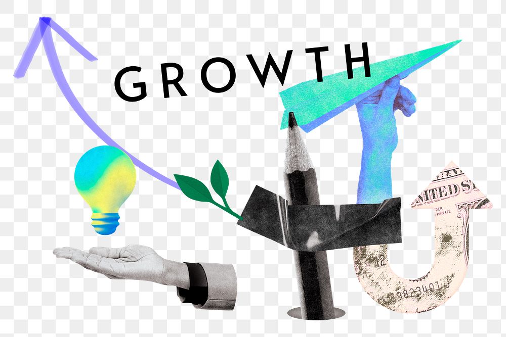 Growth png word sticker, mixed media design, transparent background