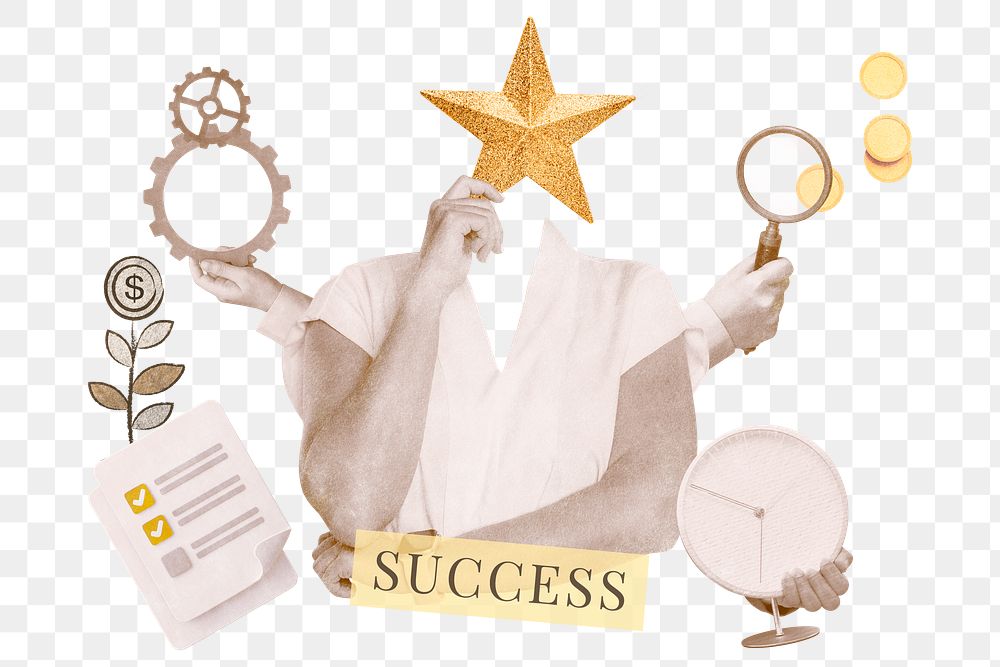 Success png word sticker, mixed media design, transparent background