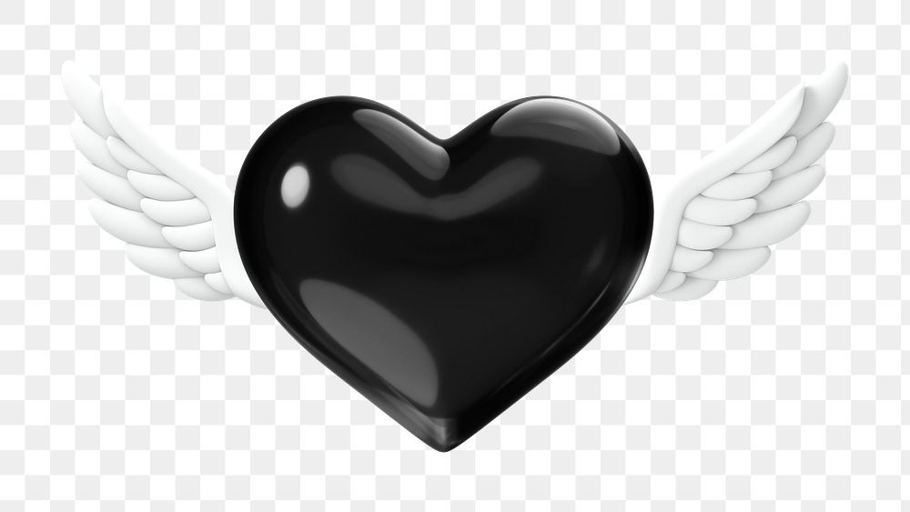 Black winged heart png 3D sticker, transparent background