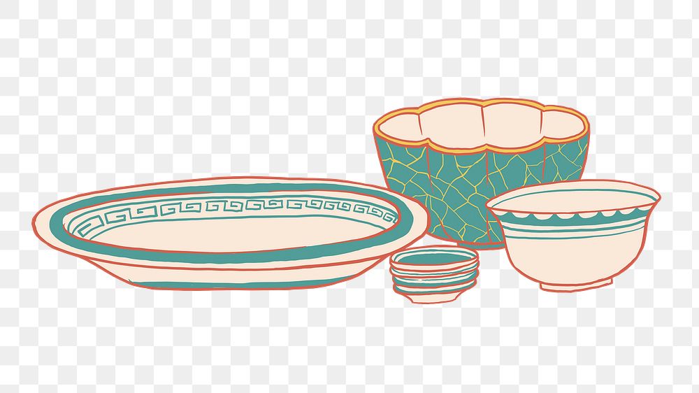 Vintage dish png bowl, object illustration set, transparent background