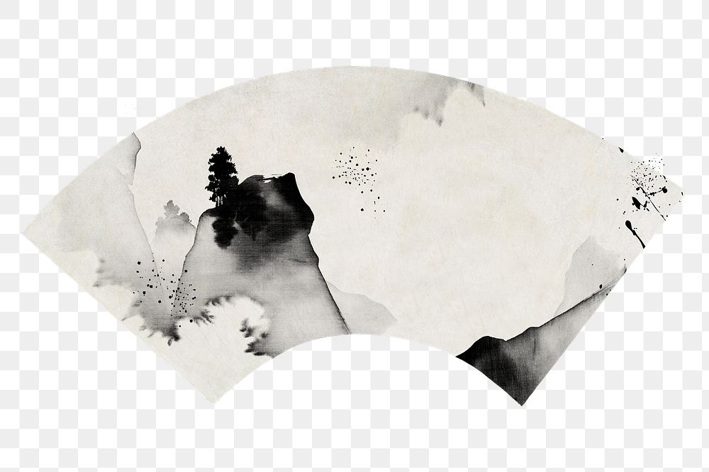 Japanese ink fan png sticker, vintage illustration, transparent background