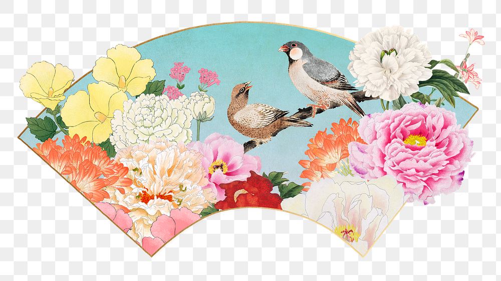 Japanese bird fan png, oriental illustration, transparent background