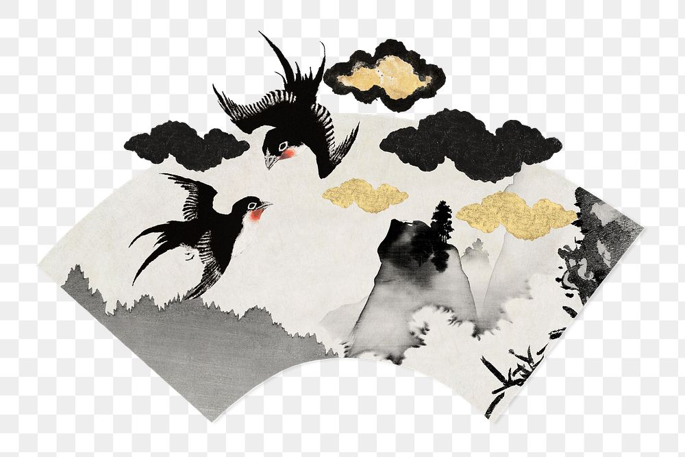 Hokusai's birds fan png, Japanese animal illustration, transparent background