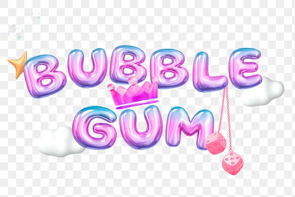 Bubble gum png 3D word sticker, gradient balloon in pink, transparent background