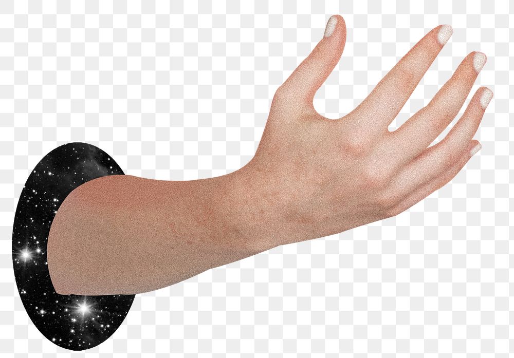Png hand passing through galaxy portal sticker, transparent background