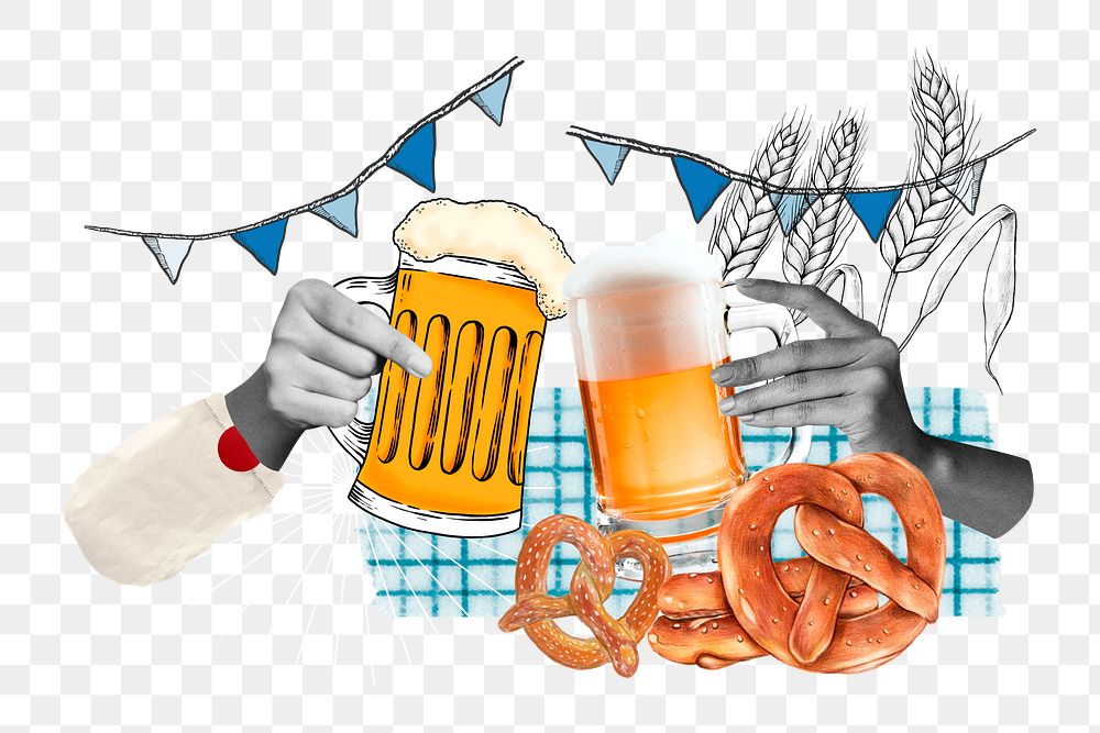 Oktoberfest celebration png sticker, hands cheering beer remix, transparent background