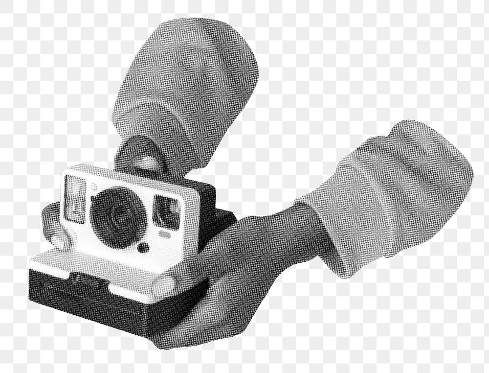 Png hand holding instant film camera sticker, transparent background