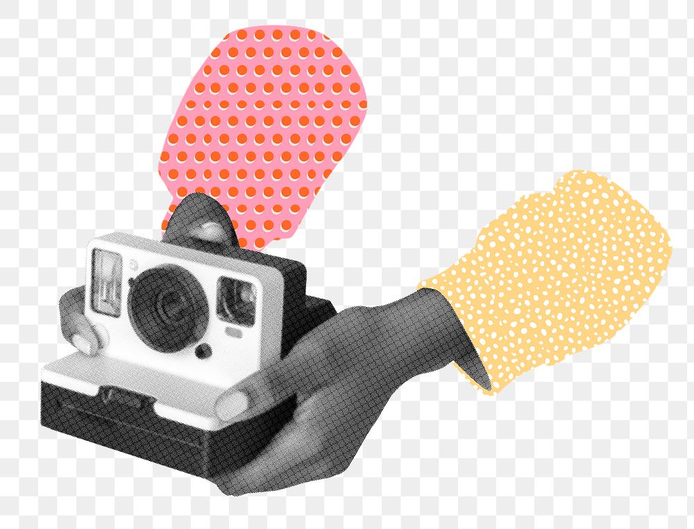 Png hand holding instant film camera sticker, transparent background