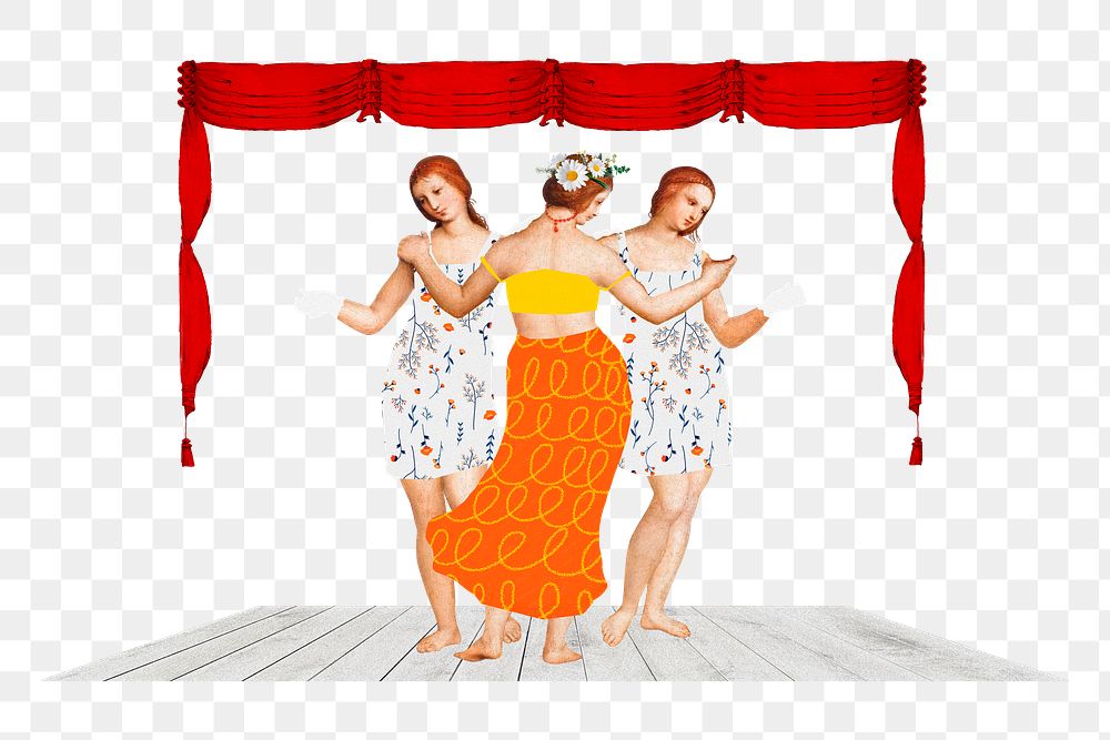 Three Graces png sticker, women dancing on stage, remixed from artworks by Raphael, transparent background
