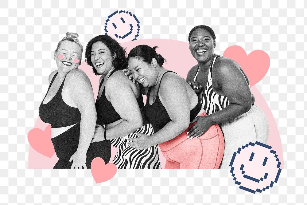 Body positivity png sticker, plus-size woman smiling remix, transparent background