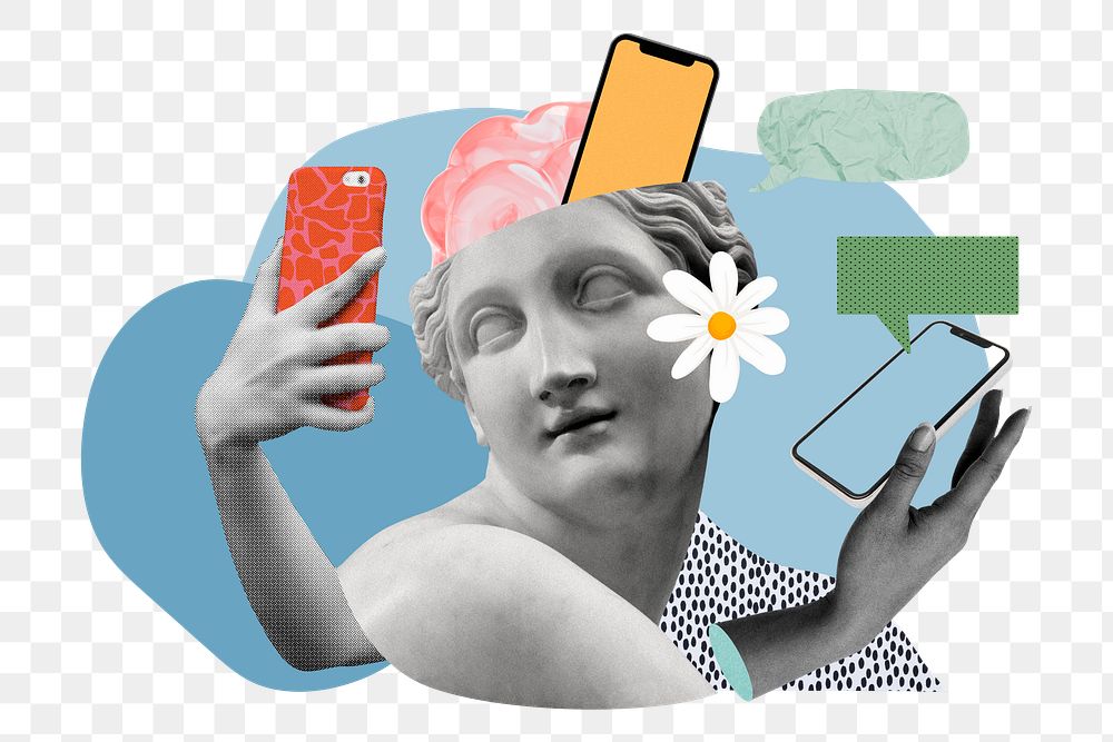 Greek goddess png sticker, social media addiction remix, transparent background