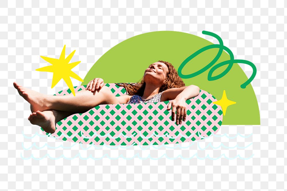 Woman sunbathing png sticker, Summer holiday remix, transparent background
