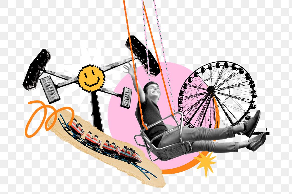 Man on swing png sticker, amusement park remix, transparent background