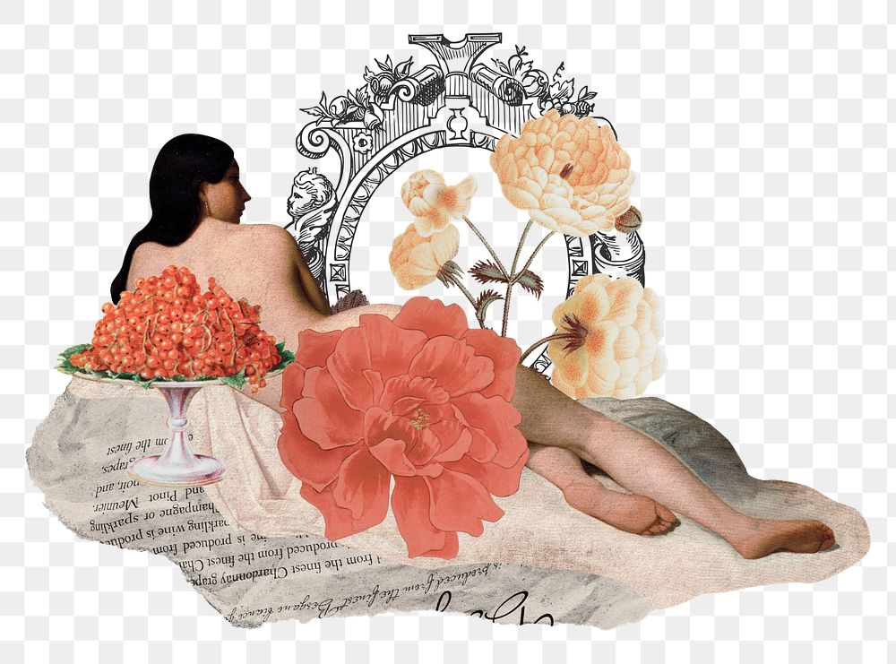 Vintage floral png woman ephemera sticker, transparent background