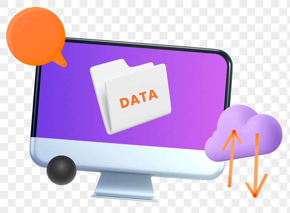 Data uploading png cloud storage, 3D computer graphic, transparent background