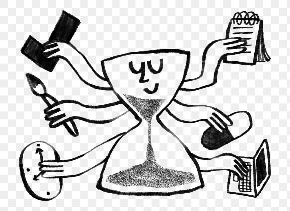 Hourglass cartoon png, time management doodle, transparent background
