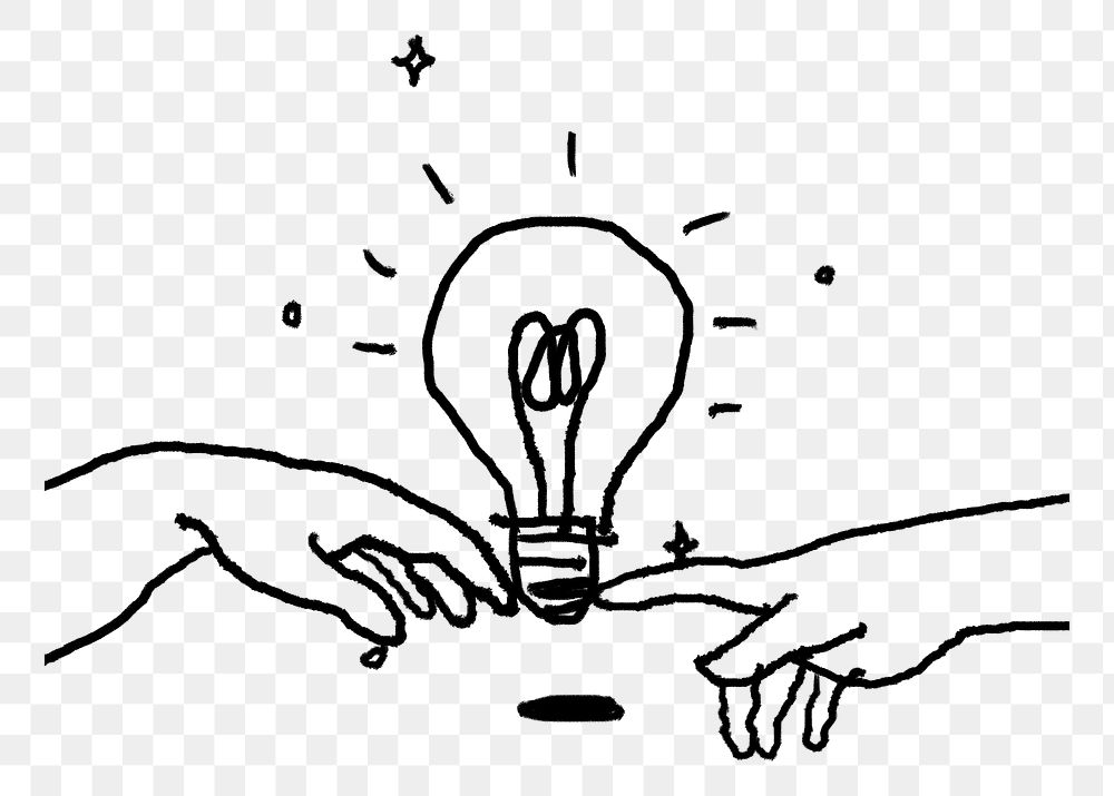 Fingers touching png light bulb, innovative ideas doodle, transparent background