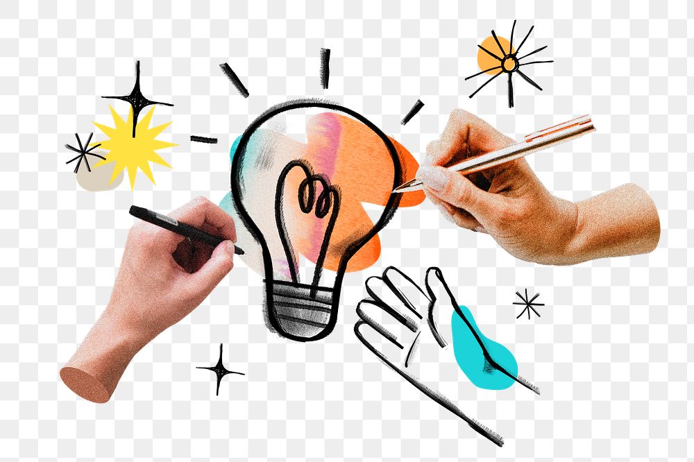 Colleagues brainstorming ideas png colorful light bulb mixed media, transparent background