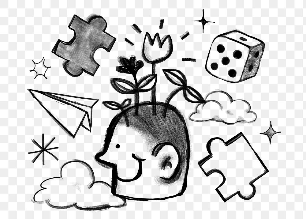 Creative mind png sticker, head growing flower doodle, transparent background