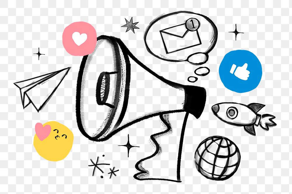 Digital marketing doodle png sticker, megaphone and rocket, transparent background