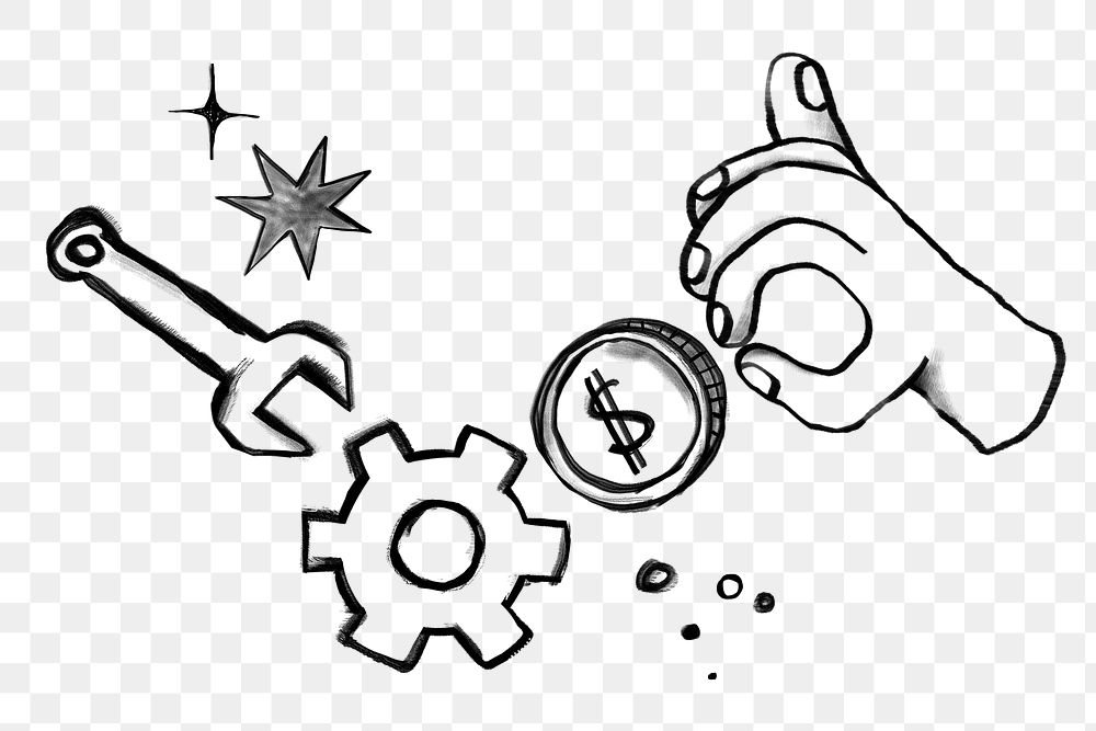 Hand paying cogwheel png sticker, business doodle, transparent background