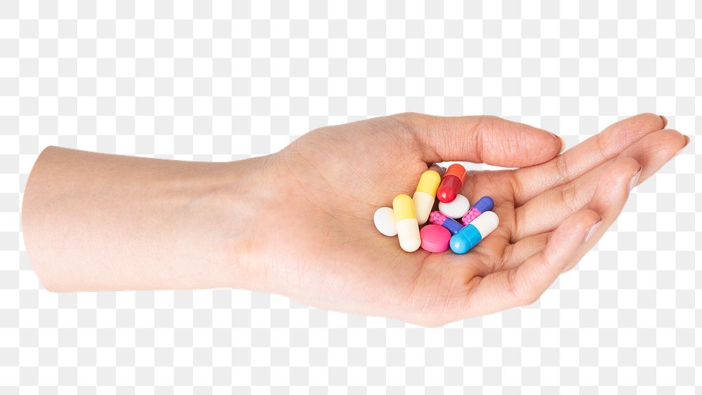 Vitamin pills png sticker in hand, transparent background