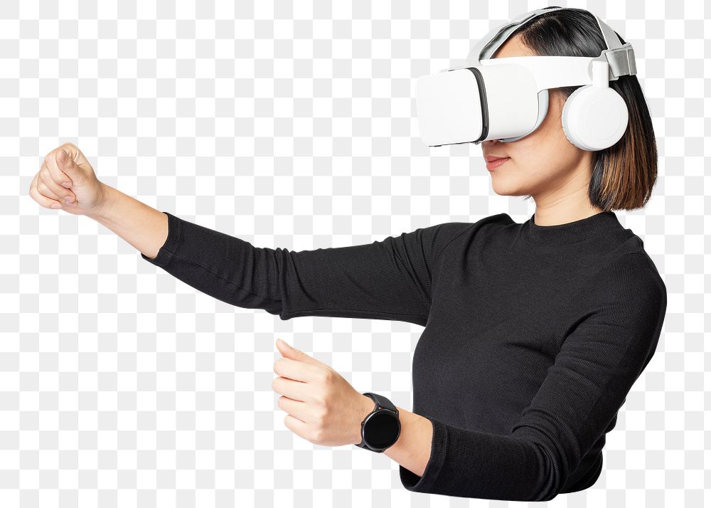 Png woman with VR headset sticker, transparent background