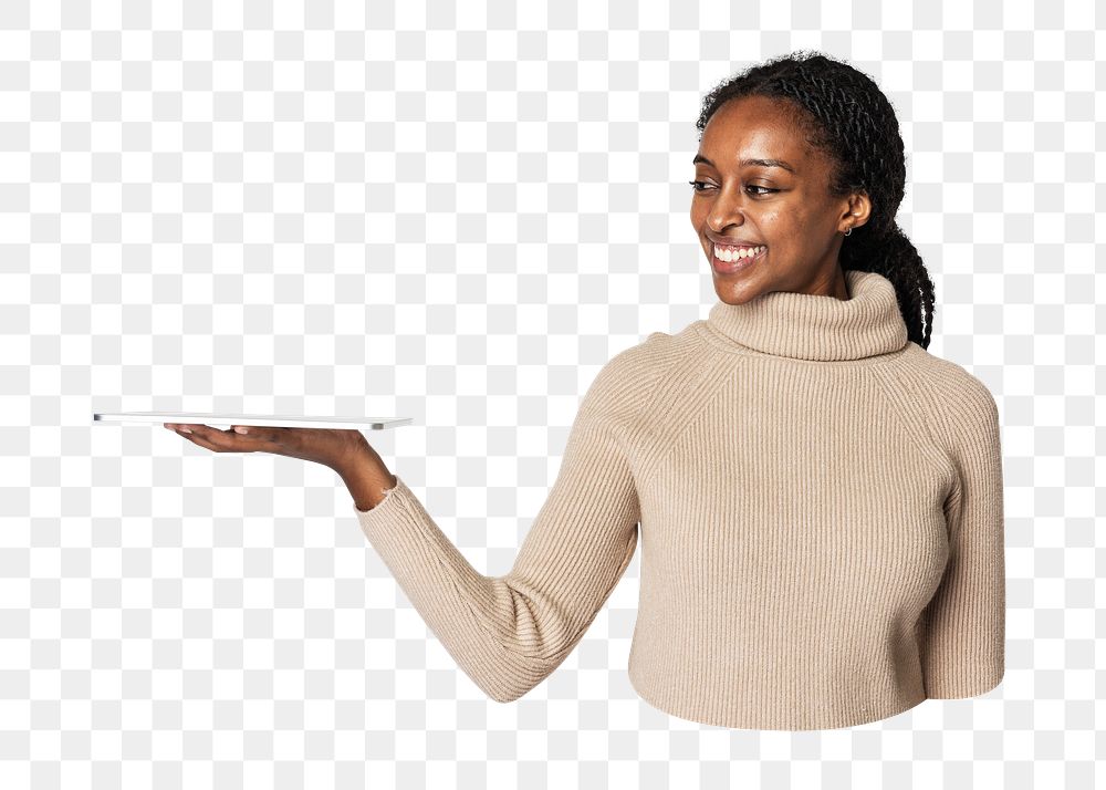 Png woman holding tablet sticker, transparent background