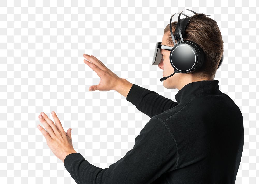 Man wearing headphones png mockup with VR smart glasses futuristic technology