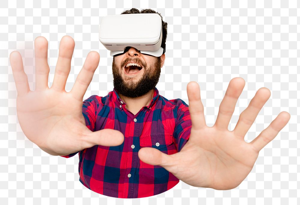 Png man using VR sticker, transparent background