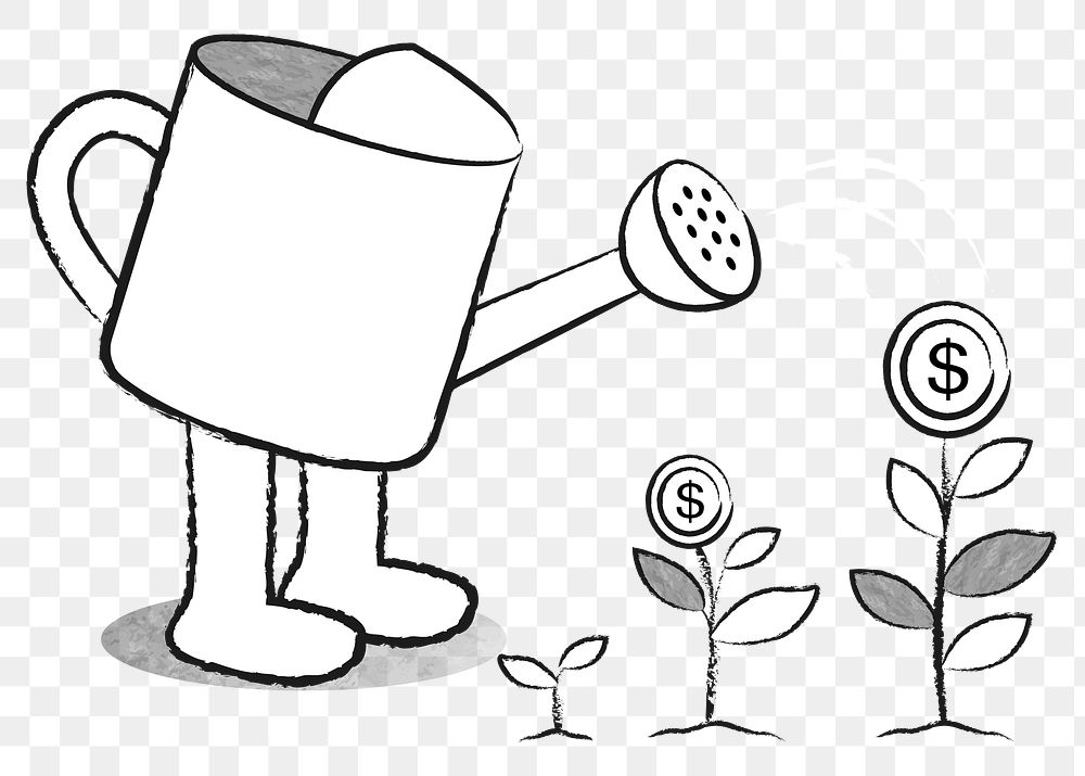 Png cute watering can doodle illustration for business growth